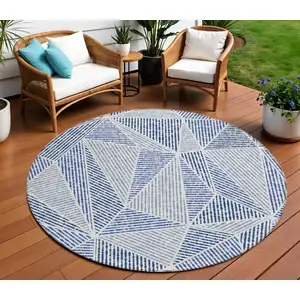 Photo of 8' Navy Blue And Denim Blue Round Geometric Washable Indoor Outdoor Area Rug