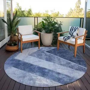 Photo of 8' Navy Blue And Denim Blue Round Geometric Washable Indoor Outdoor Area Rug