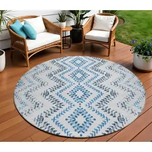 Photo of 8' Navy Blue And Denim Blue Round Geometric Washable Indoor Outdoor Area Rug