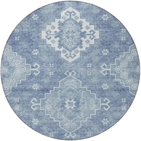 8' Navy Blue And Denim Blue Round Medallion Washable Indoor Outdoor Area Rug Photo 5