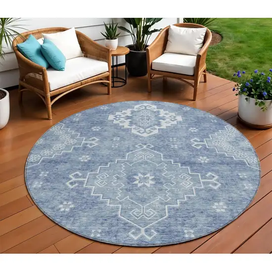 8' Navy Blue And Denim Blue Round Medallion Washable Indoor Outdoor Area Rug Photo 1