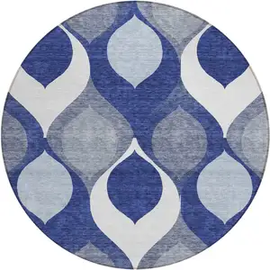 Photo of 8' Navy Blue And Denim Blue Round Ogee Washable Indoor Outdoor Area Rug