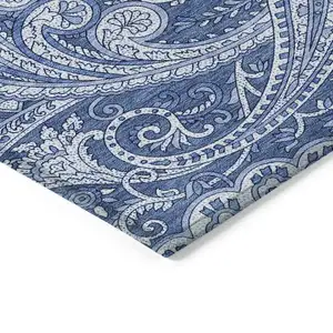 Photo of 8' Navy Blue And Denim Blue Round Paisley Washable Indoor Outdoor Area Rug