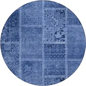 Photo of 8' Navy Blue And Denim Blue Round Patchwork Washable Indoor Outdoor Area Rug