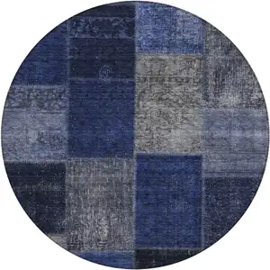 Photo of 8' Navy Blue And Denim Blue Round Patchwork Washable Indoor Outdoor Area Rug