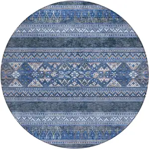 Photo of 8' Navy Blue And Denim Blue Round Southwestern Washable Indoor Outdoor Area Rug