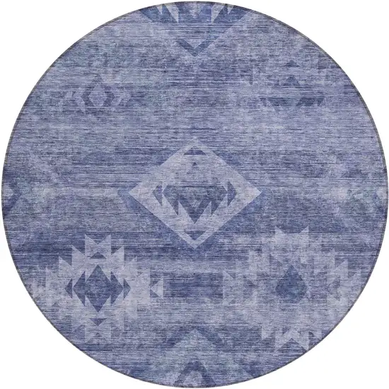 8' Navy Blue And Denim Blue Round Southwestern Washable Indoor Outdoor Area Rug Photo 2