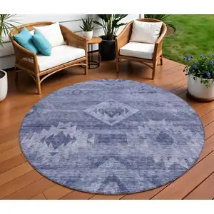 Photo of 8' Navy Blue And Denim Blue Round Southwestern Washable Indoor Outdoor Area Rug