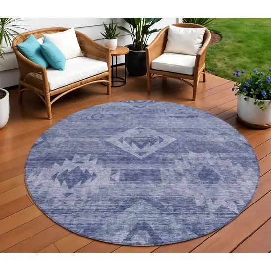 8' Navy Blue And Denim Blue Round Southwestern Washable Indoor Outdoor Area Rug Photo 1