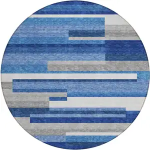 Photo of 8' Navy Blue And Denim Blue Round Striped Washable Indoor Outdoor Area Rug