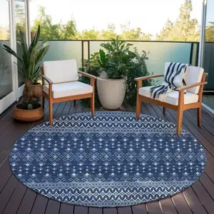 Photo of 8' Navy Blue And Denim Blue Round Tribal Washable Indoor Outdoor Area Rug