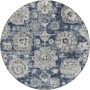 Photo of 8' Navy Blue And Gray Round Floral Washable Indoor Outdoor Area Rug