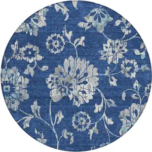 Photo of 8' Navy Blue And Gray Round Floral Washable Indoor Outdoor Area Rug