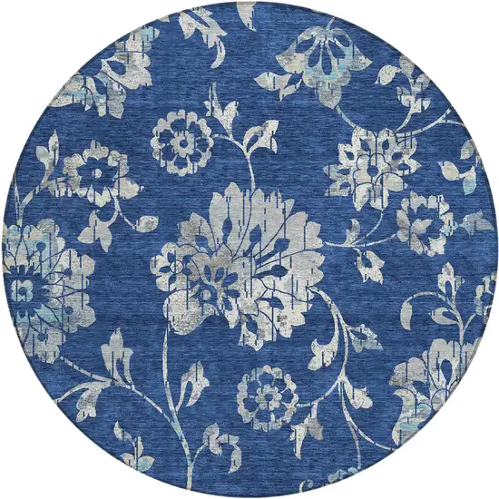 8' Navy Blue And Gray Round Floral Washable Indoor Outdoor Area Rug Photo 1