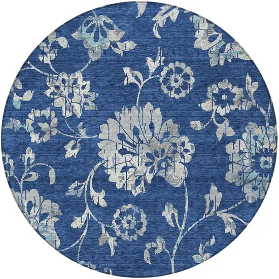 8' Navy Blue And Gray Round Floral Washable Indoor Outdoor Area Rug Photo 4