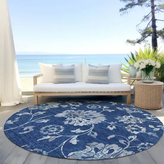 8' Navy Blue And Gray Round Floral Washable Indoor Outdoor Area Rug Photo 5