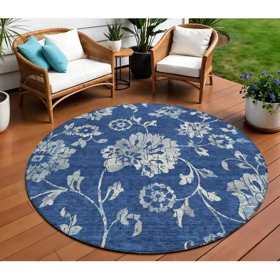 8' Navy Blue And Gray Round Floral Washable Indoor Outdoor Area Rug Photo 2