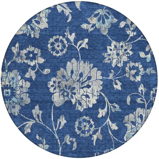 8' Navy Blue And Gray Round Floral Washable Indoor Outdoor Area Rug Photo 3