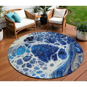 Photo of 8' Navy Blue And Gray Round Nautical Washable Indoor Outdoor Area Rug