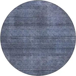 Photo of 8' Navy Blue And Gray Round Striped Washable Indoor Outdoor Area Rug