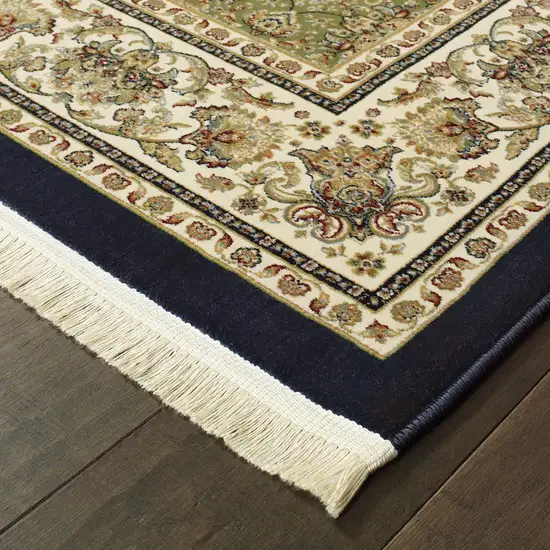 10' Navy Blue And Ivory Oriental Runner Rug With Fringe Photo 6