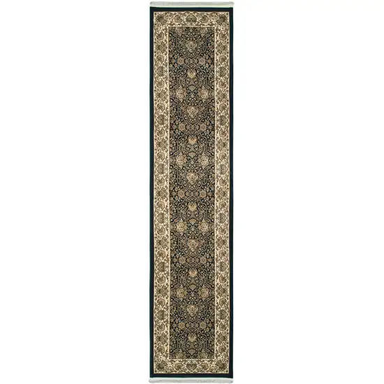 10' Navy Blue And Ivory Oriental Runner Rug With Fringe Photo 2