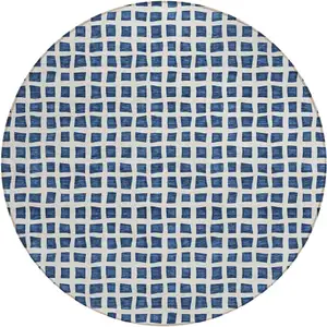 Photo of 8' Navy Blue And Ivory Round Geometric Washable Indoor Outdoor Area Rug