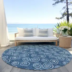 Photo of 8' Navy Blue And Ivory Round Geometric Washable Indoor Outdoor Area Rug