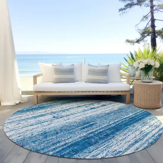 8' Navy Blue And Ivory Round Striped Washable Indoor Outdoor Area Rug Photo 8