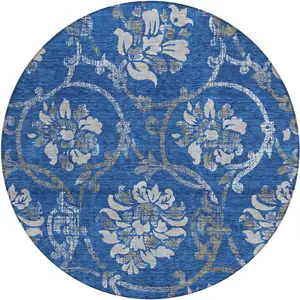 Photo of 8' Navy Blue And Silver Round Floral Washable Indoor Outdoor Area Rug