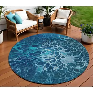 Photo of 8' Navy Blue And Sky Blue Round Abstract Washable Indoor Outdoor Area Rug