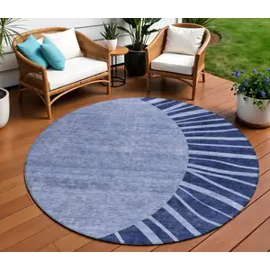 Photo of 8' Navy Blue And Sky Blue Round Abstract Washable Indoor Outdoor Area Rug