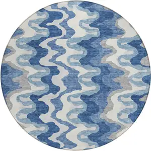 Photo of 8' Navy Blue And Sky Blue Round Abstract Washable Indoor Outdoor Area Rug