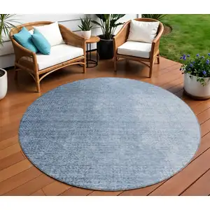 Photo of 8' Navy Blue And Sky Blue Round Abstract Washable Indoor Outdoor Area Rug