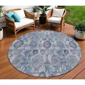 Photo of 8' Navy Blue And Sky Blue Round Damask Washable Indoor Outdoor Area Rug