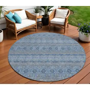 Photo of 8' Navy Blue And Sky Blue Round Floral Medallion Washable Indoor Outdoor Area Rug