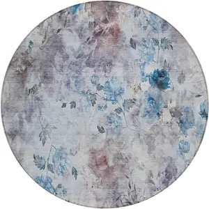 Photo of 8' Navy Blue And Sky Blue Round Floral Washable Indoor Outdoor Area Rug