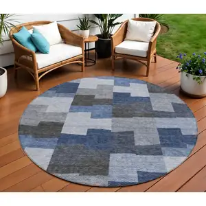 Photo of 8' Navy Blue And Sky Blue Round Geometric Washable Indoor Outdoor Area Rug