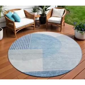 Photo of 8' Navy Blue And Sky Blue Round Geometric Washable Indoor Outdoor Area Rug