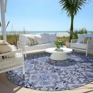 Photo of 8' Navy Blue And Sky Blue Round Medallion Washable Indoor Outdoor Area Rug