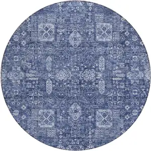 Photo of 8' Navy Blue And Sky Blue Round Oriental Washable Indoor Outdoor Area Rug