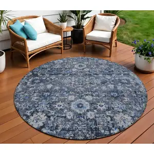 Photo of 8' Navy Blue And Sky Blue Round Oriental Washable Indoor Outdoor Area Rug