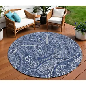 Photo of 8' Navy Blue And Sky Blue Round Paisley Washable Indoor Outdoor Area Rug