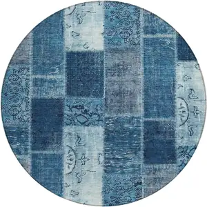 Photo of 8' Navy Blue And Sky Blue Round Patchwork Washable Indoor Outdoor Area Rug