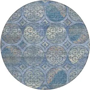 Photo of 8' Navy Blue And Sky Blue Round Trellis Washable Indoor Outdoor Area Rug