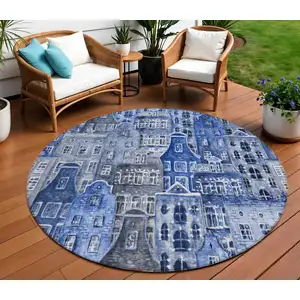 Photo of 8' Navy Blue And Sky Blue Round Village Houses Washable Indoor Outdoor Area Rug