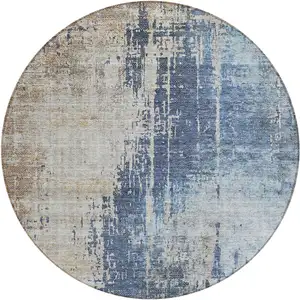 Photo of 8' Navy Blue And Taupe Round Abstract Washable Indoor Outdoor Area Rug