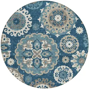 Photo of 8' Navy Blue And Taupe Round Floral Medallion Washable Indoor Outdoor Area Rug