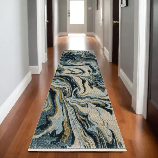 8' Navy Blue And Teal Abstract Runner Rug With Fringe Photo 1