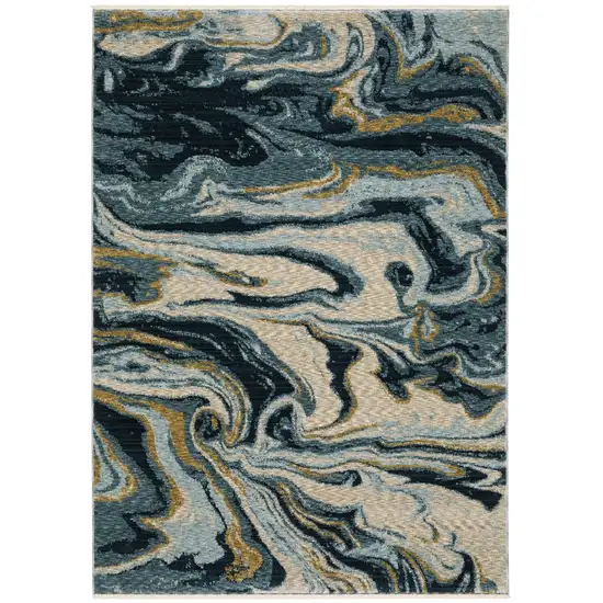 8' Navy Blue And Teal Abstract Runner Rug With Fringe Photo 2